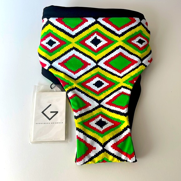 NWT Aztec yellow green tribal print cheeky swim bottom reversible L khongGboon - Picture 10 of 10